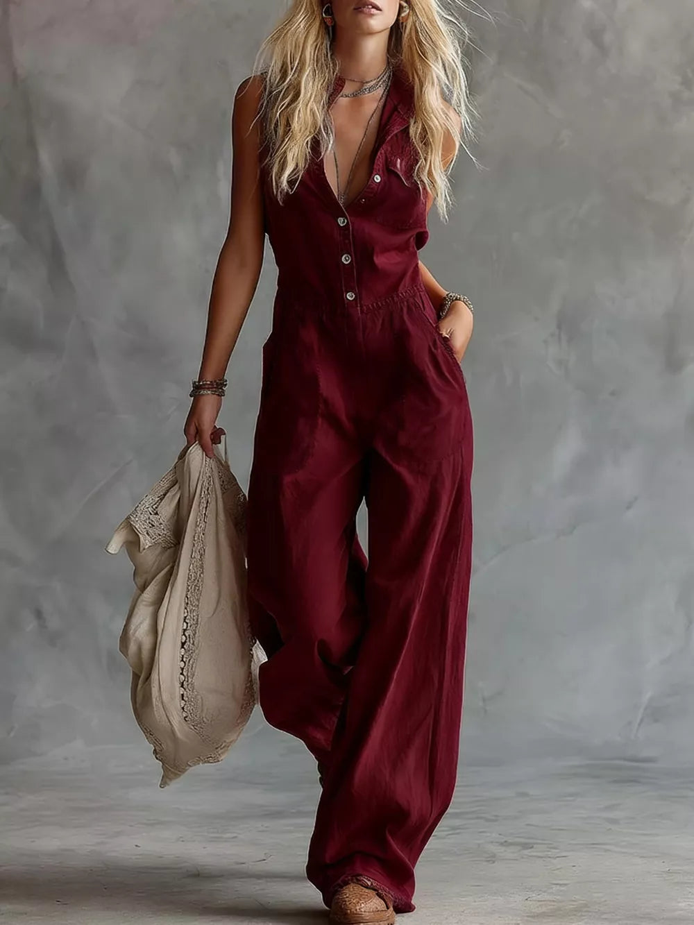 Western Sleeveless Wide-leg Button-down Jumpsuit in White, back view