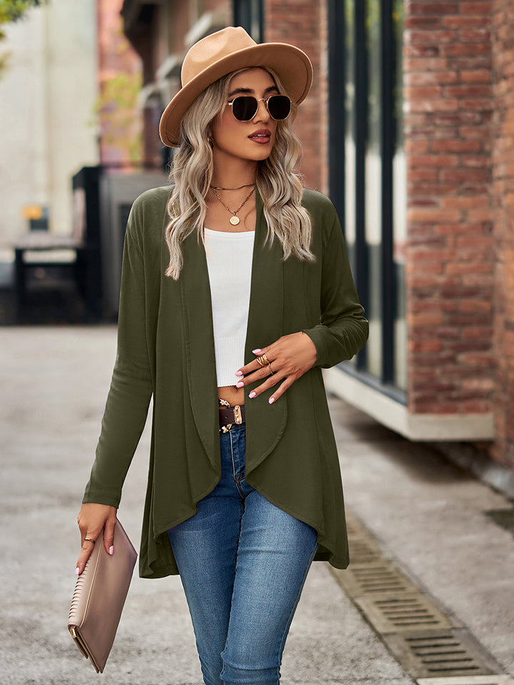 Moss green draped cascade cardigan with open front and asymmetrical hem.