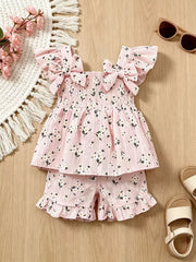 Pink floral ruffle bow baby set with smocked bodice and flutter sleeves.