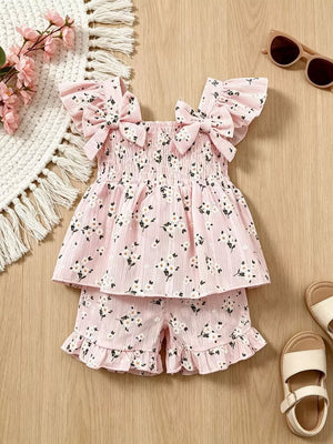 Pink floral ruffle bow baby set with smocked bodice and flutter sleeves.