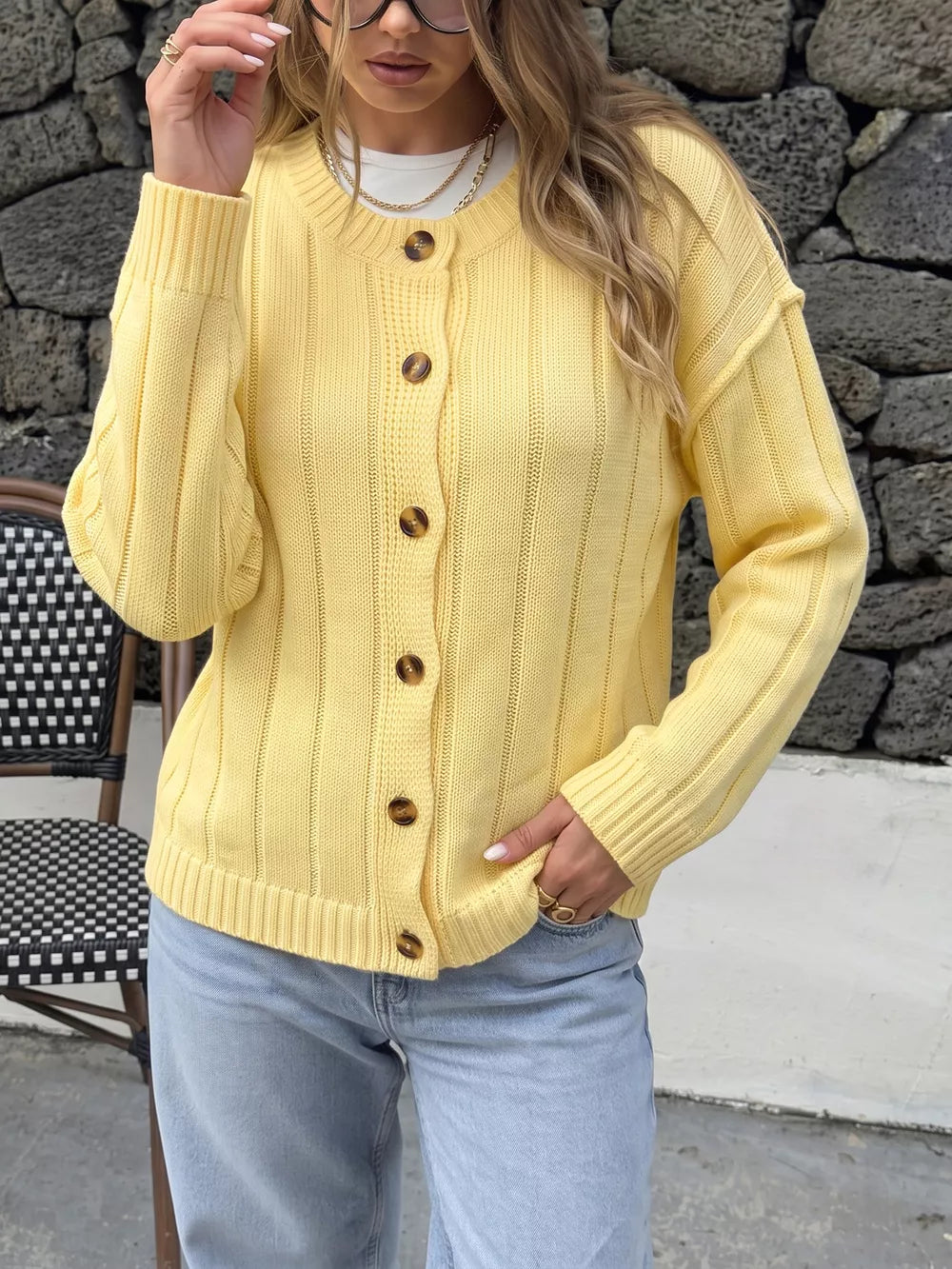 Button Up Dropped Shoulder Cardigan, front view