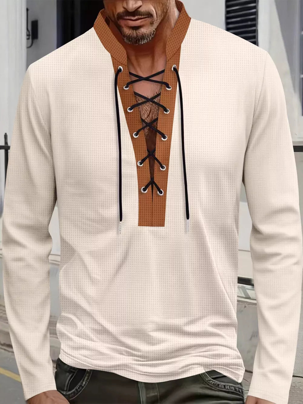 Men's Vintage Lace-up Long Sleeve Henley Plus Size, fit detail