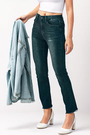Black high-rise jeans with faded wash and raw hem detail.