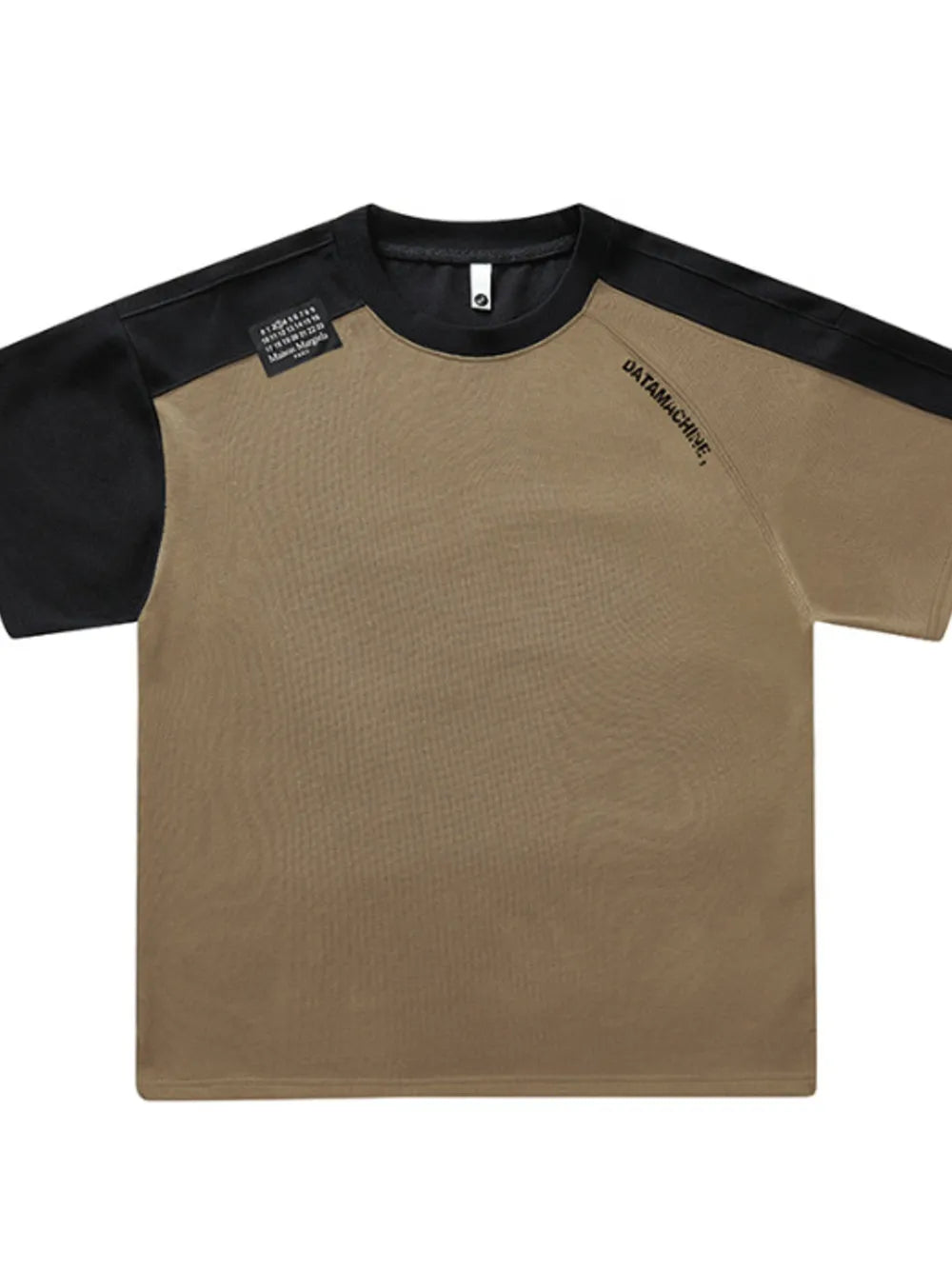 Taupe and black color block t-shirt with round neck and graphic detail.