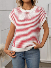 Horizontal stripe knit shell top with short sleeves and a crew neck.