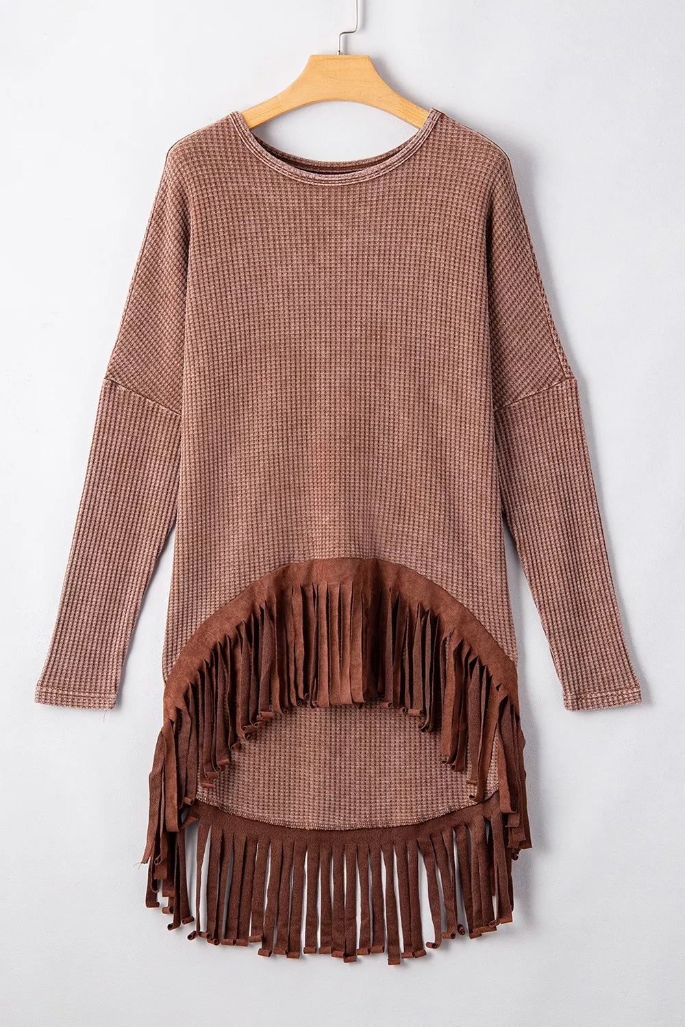 Waffle Knit Fringed High Low Loose Top in Brown, close-up detail