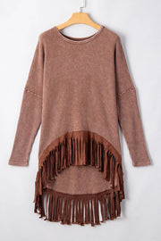 Waffle Knit Fringed High Low Loose Top in Brown, close-up detail