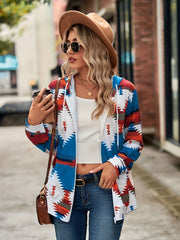 Aztec print zip-up hooded jacket with white, blue, and red geometric pattern.