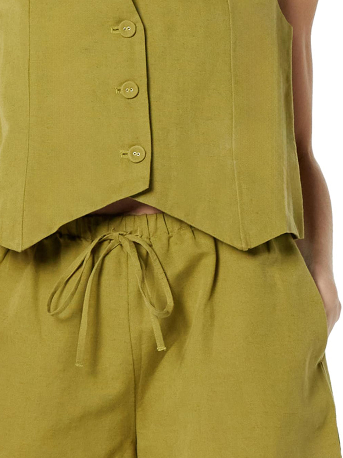 Yellow-green linen vest with buttons and drawstring shorts set.