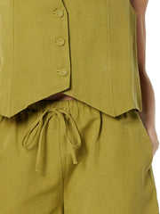 Yellow-green linen vest with buttons and drawstring shorts set.