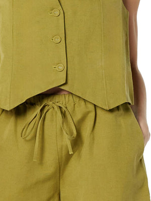 Yellow-green linen vest with buttons and drawstring shorts set.