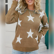 Taupe acrylic crewneck sweater with white stars, long sleeves, ribbed cuffs and hem.