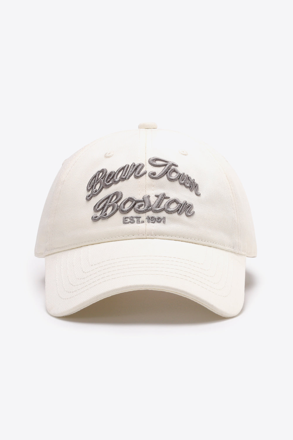 Ivory baseball cap with embroidered "Bean Town Boston EST. 1991" text