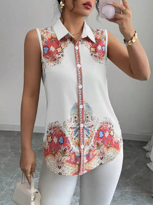 White Flower paisley collared sleeveless shirt with button front.