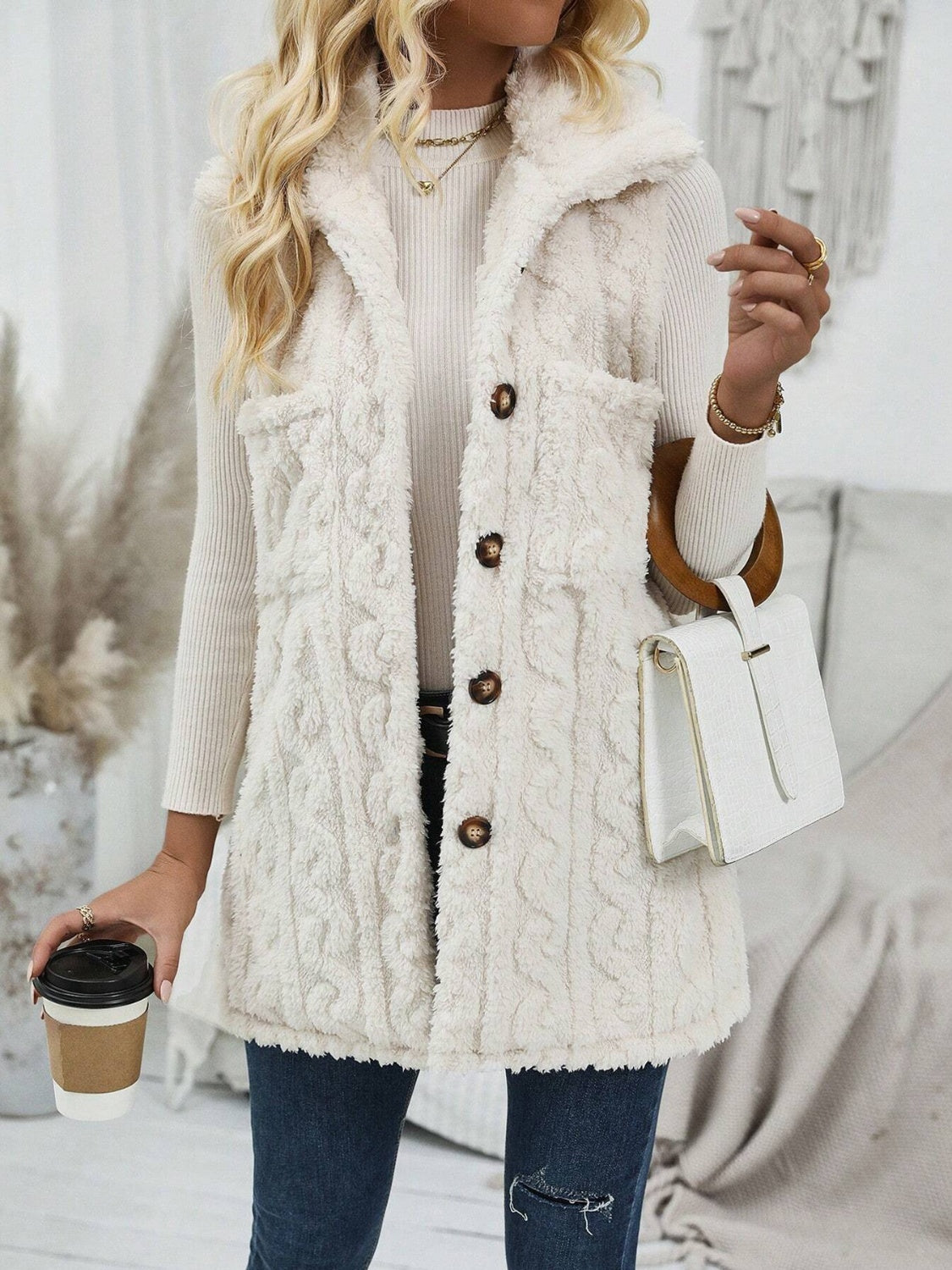 Textured sherpa button-down vest in beige with cable knit pattern and button pockets.