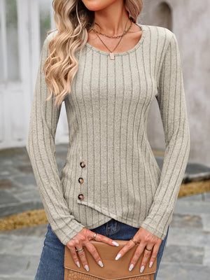 Gray ribbed knit long sleeve top with round neck and asymmetric button detail