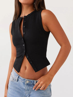 Black ribbed knit button-down crop top with a high neckline and sleeveless design.