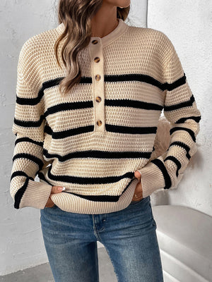 Tan waffle knit henley sweater with black stripes and button detail.