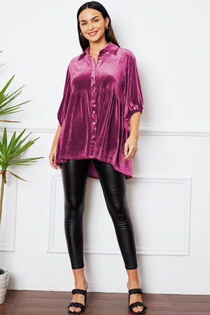 Deep Rose velvet tiered button-down tunic with puff sleeves and a collared neckline.