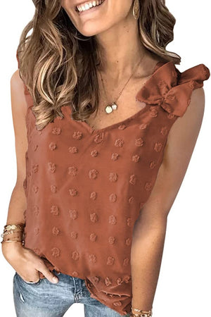 Textured ruffle sleeve tank top in caramel with v-neck and bow detail