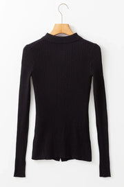 Black ribbed knit polo cardigan with button detail