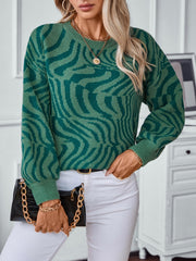 Dark green wavy knit crewneck sweater with a bold abstract pattern.