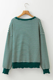 Dark green and white striped sweatshirt with a boat neck and lettuce hem cuffs.