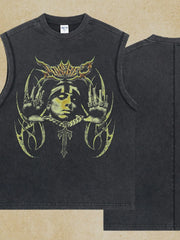 Black vintage wash graphic tank top with a distressed print of a crowned figure and tribal accents.