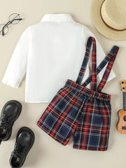 Children's Button Up Long Sleeve Shirt And Suspender Set in White, back view