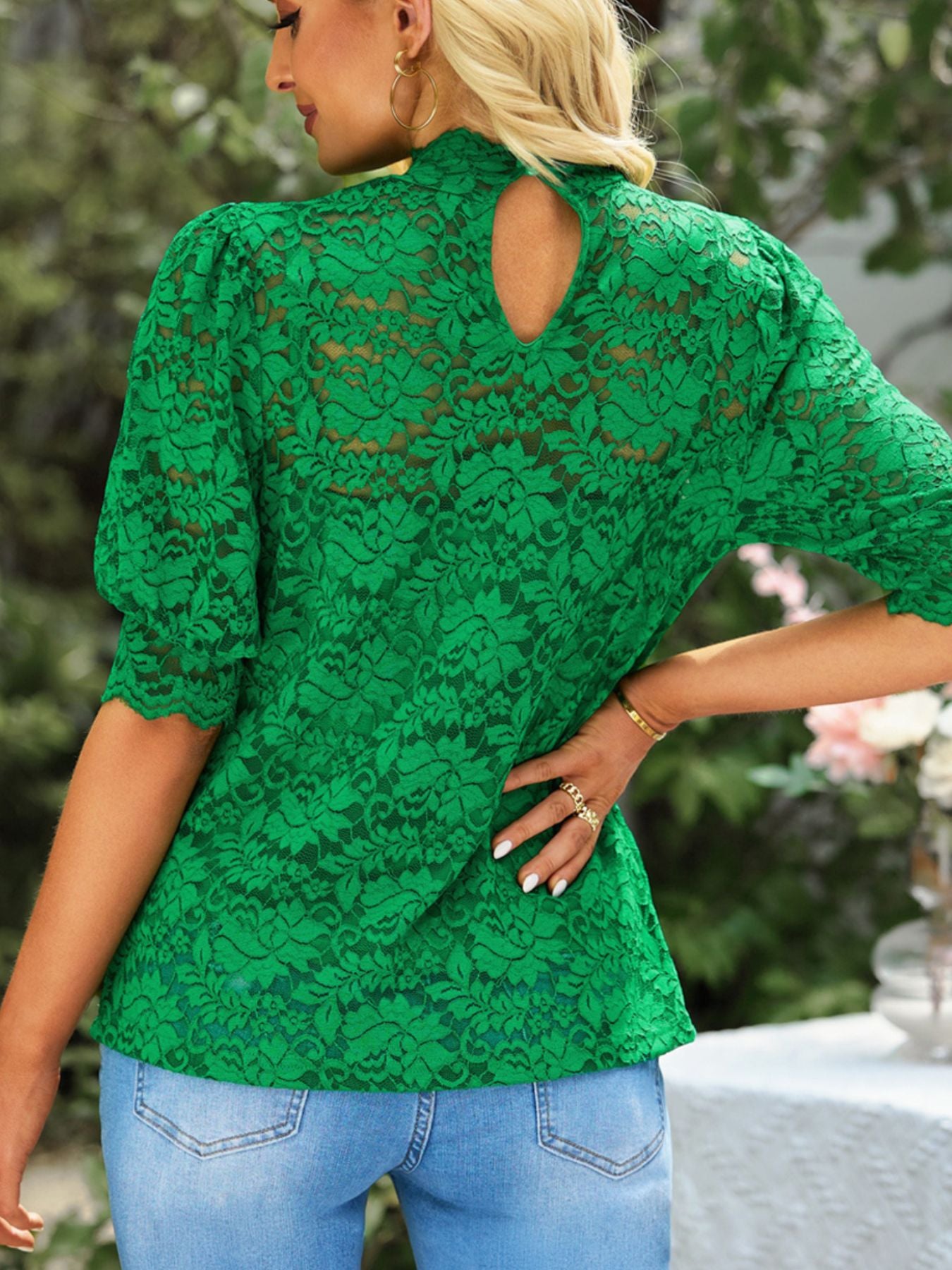 Green lace short sleeve blouse with mock neck and keyhole back detail
