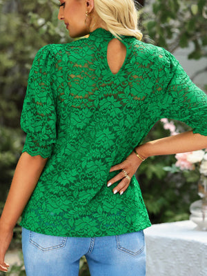 Green lace short sleeve blouse with mock neck and keyhole back detail