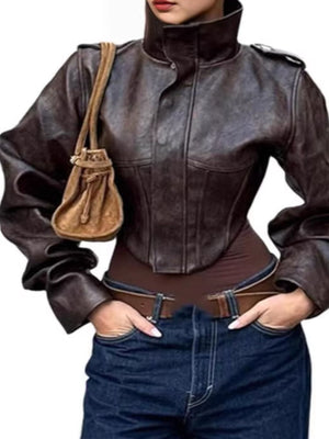 Brown distressed leather jacket with a slim fit and high collar.