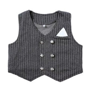 Baby boys dark gray pinstripe vest with double-breasted buttons and pocket square detail