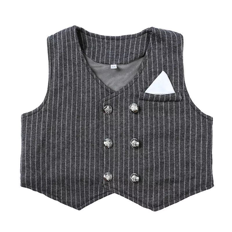 Baby boys dark gray pinstripe vest with double-breasted buttons and pocket square detail
