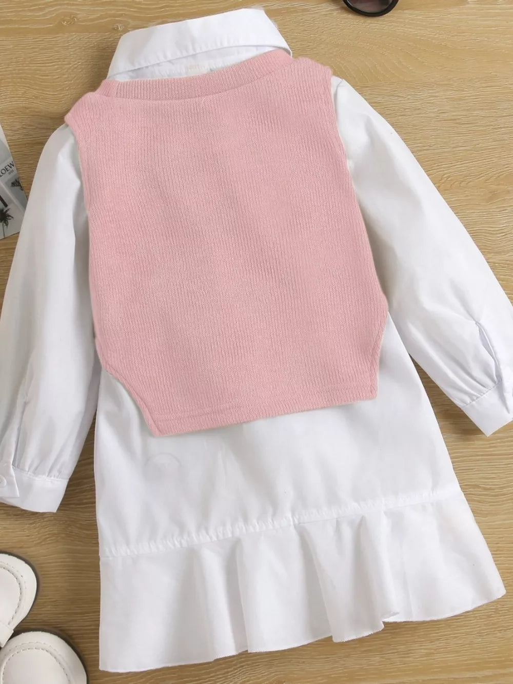 Children's Long Sleeve Shirt Dress And Knit Vest Set in Pink, model styling view
