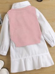 Children's Long Sleeve Shirt Dress And Knit Vest Set in Pink, model styling view