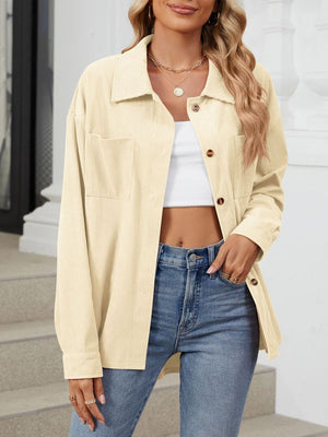 Pastel yellow corduroy overshirt with patch pockets and button front.