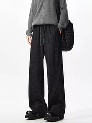 Black textured wide leg drawstring sweatpants with adjustable waist