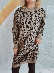Leopard knit mini dress in caramel with a mock neck and long sleeves.