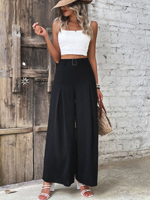 Belted black palazzo trousers with wide legs and a drape-front detail.