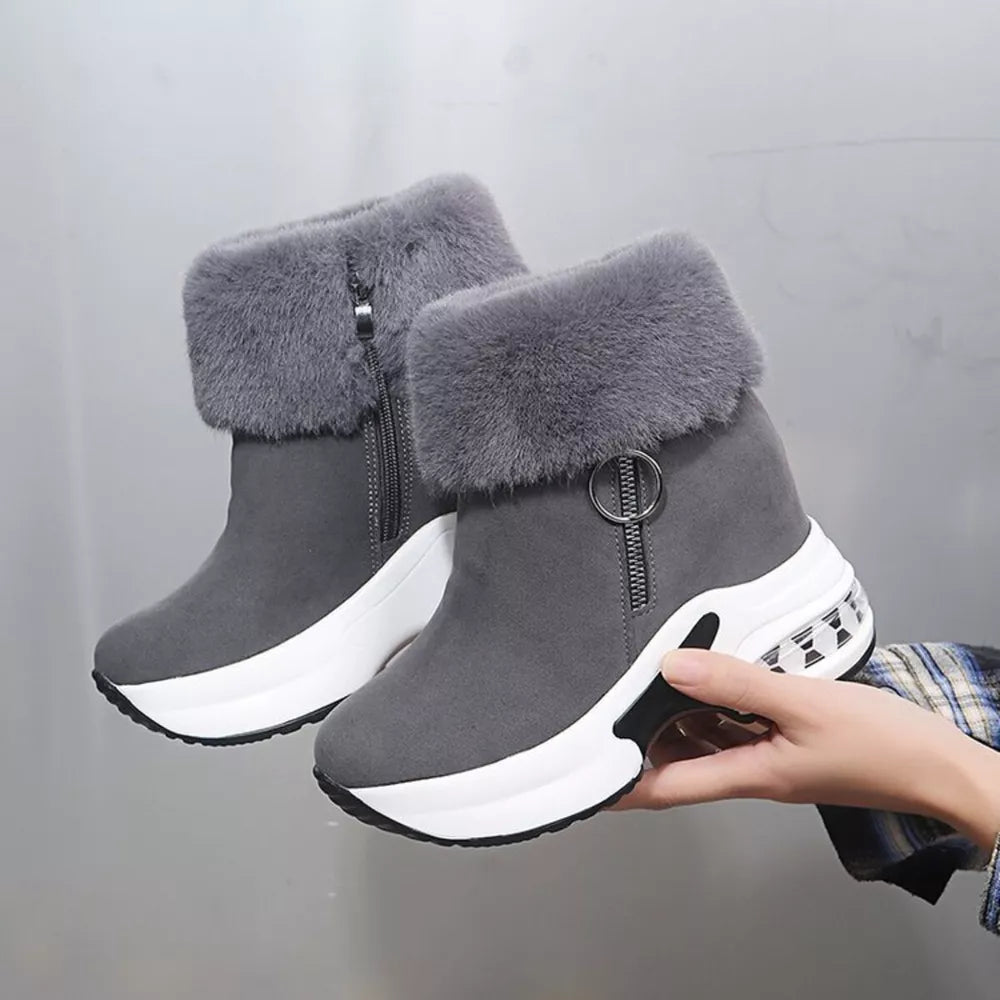 Gray plush side-zipper high heel ankle boots with air cushion sole
