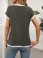 Army green ribbed knit tee with white contrast piping detail and short sleeves.