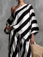 Asymmetrical Striped Top And Wide-leg Pants Set