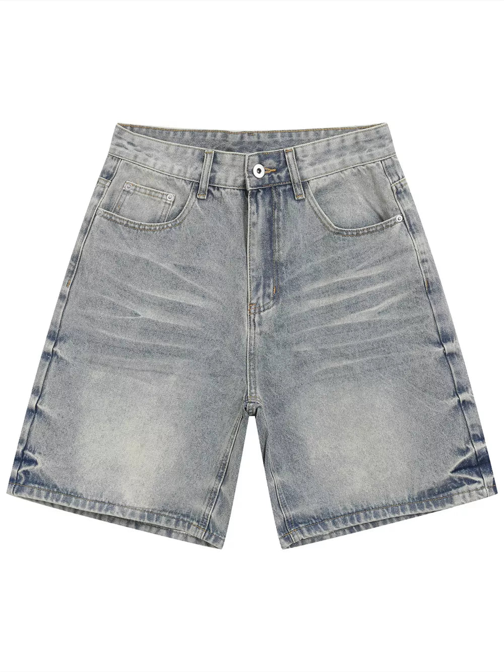 Relaxed fit blue denim shorts with a faded wash and classic five-pocket styling.