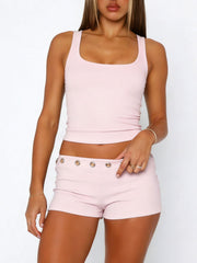 Pink ribbed tank top and shorts set with eyelet detail at waist