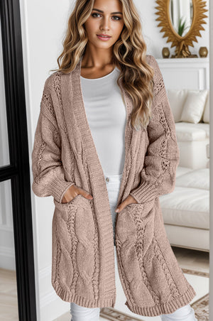 Camel cable knit open-front cardigan with pockets and openwork details.