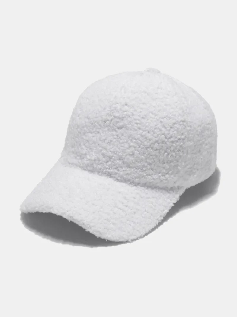 White textured sherpa baseball cap with adjustable strap