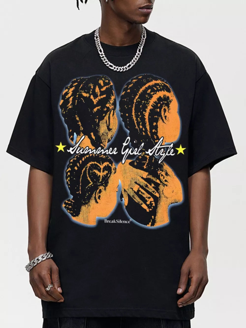 Black oversized cotton tee with bold graphic print of braided hair profiles and text.