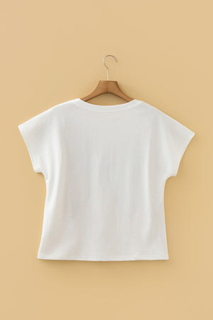 White cotton crew neck t-shirt with short sleeves and a graphic print on the front.
