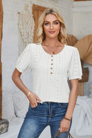 White perforated puff sleeve henley blouse with button detail